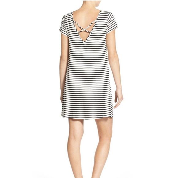 Socialite Cross Back Shift Dress Small Mini White Black Striped Short Trapeze - Picture 2 of 7